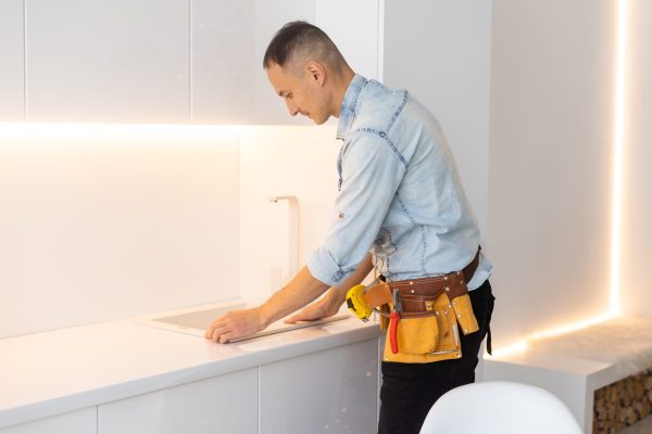 Young man working with kitchen equipment.